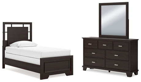 Covetown Twin Panel Bed with Mirrored Dresser in Dark Brown - PKG016617