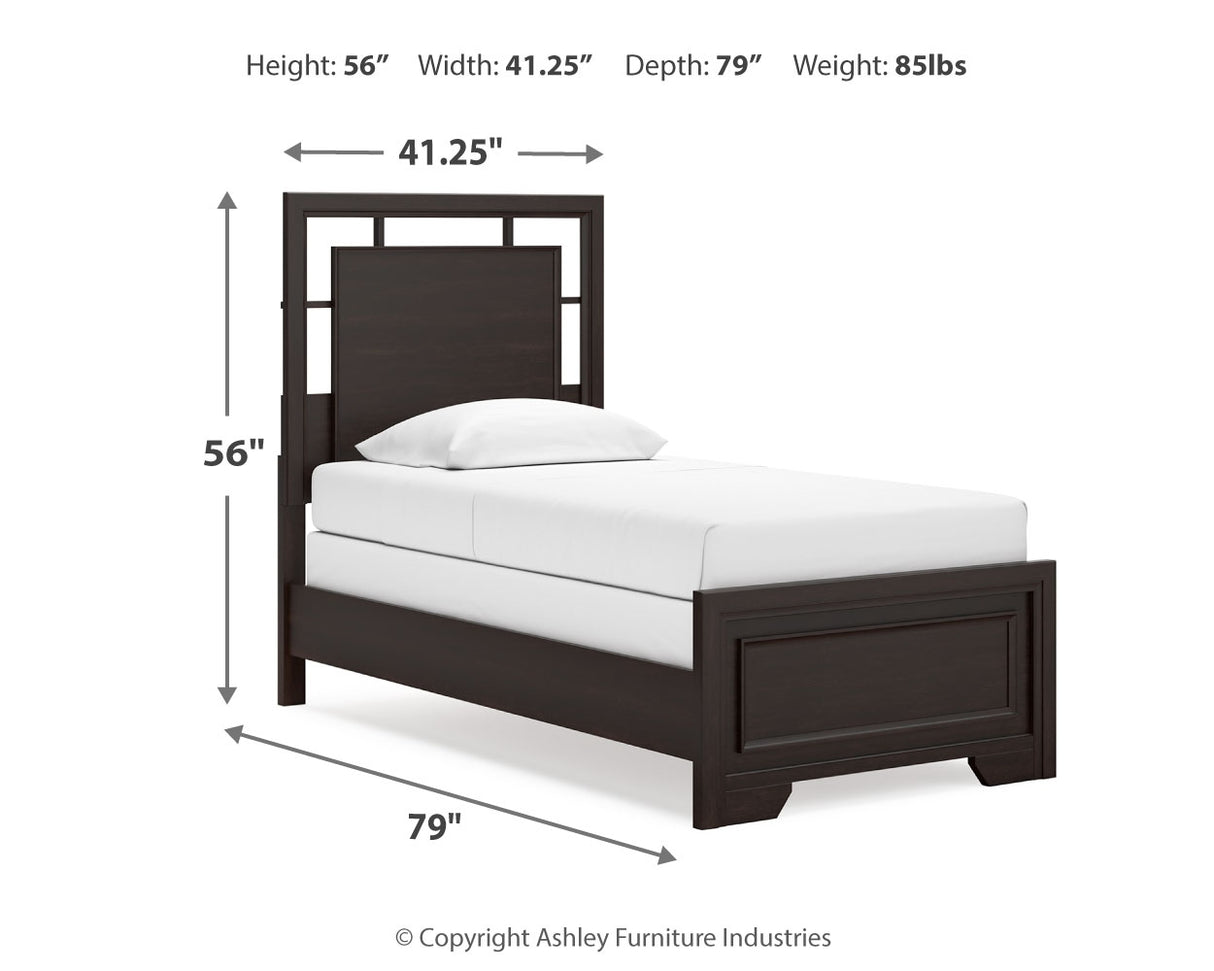 Covetown Twin Panel Bed with Nightstand in Dark Brown - PKG016616