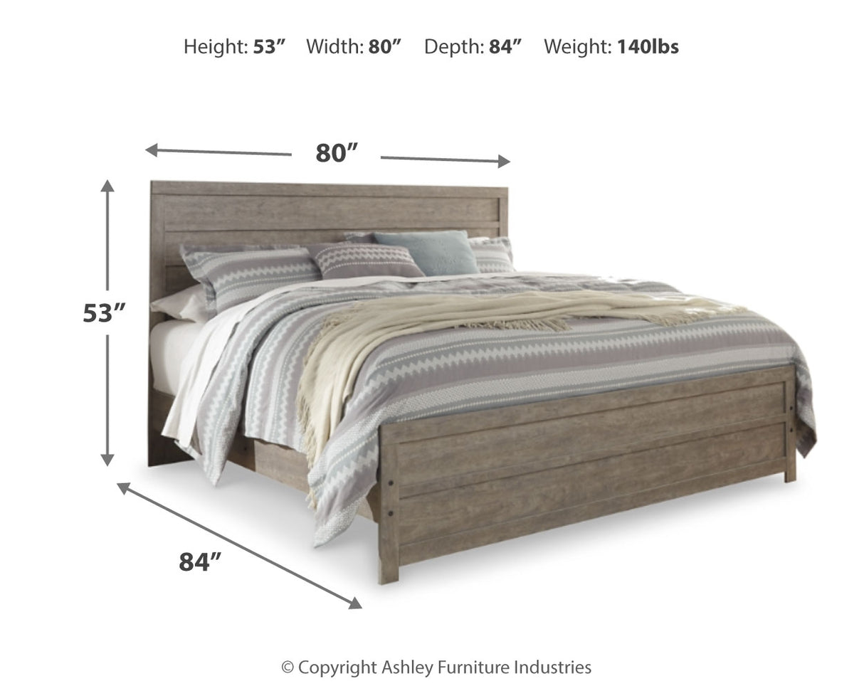 Culverbach King Panel Bed with Mirrored Dresser, Chest and 2 Nightstands in Gray from Ashley - Luna Furniture