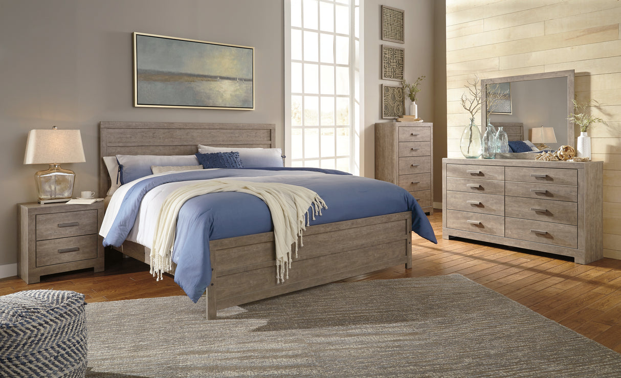 Culverbach King Panel Bed with Mirrored Dresser, Chest and 2 Nightstands in Gray from Ashley - Luna Furniture