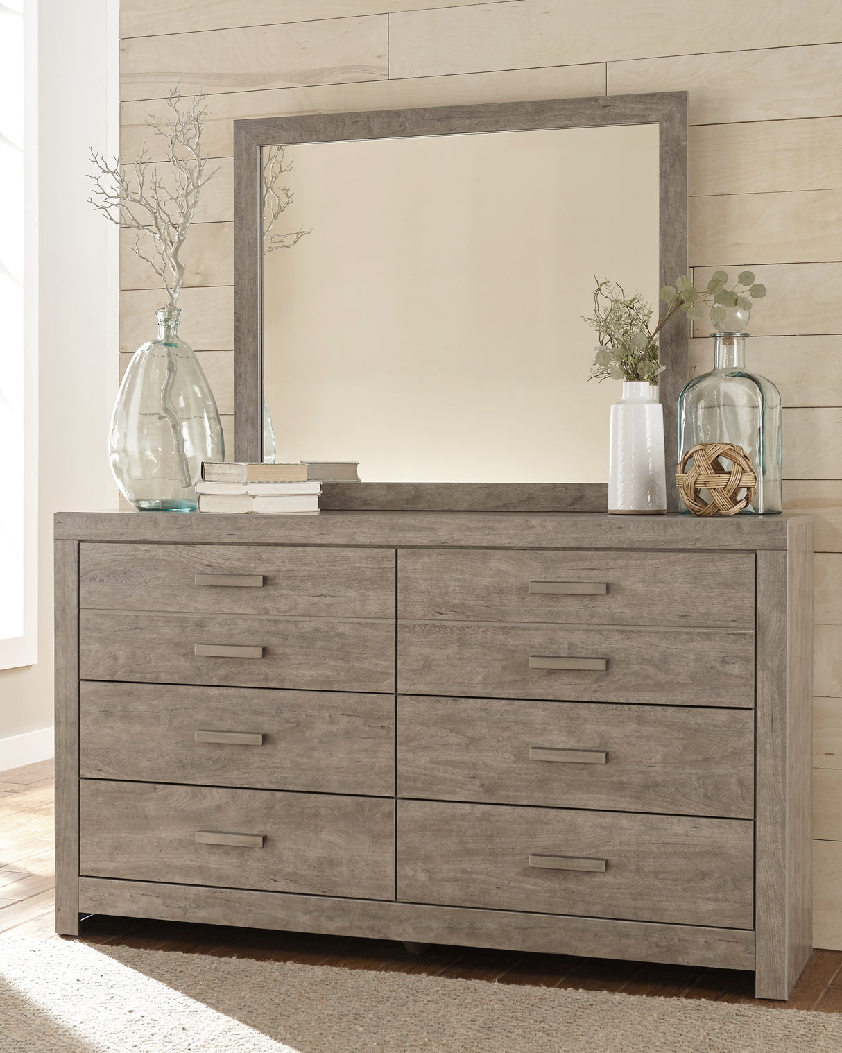 Culverbach King Panel Bed with Mirrored Dresser, Chest and 2 Nightstands in Gray from Ashley - Luna Furniture