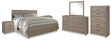 Culverbach King Panel Bed with Mirrored Dresser, Chest and 2 Nightstands in Gray from Ashley - Luna Furniture