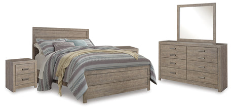 Culverbach Queen Panel Bed with Mirrored Dresser and 2 Nightstands in Gray - PKG011523