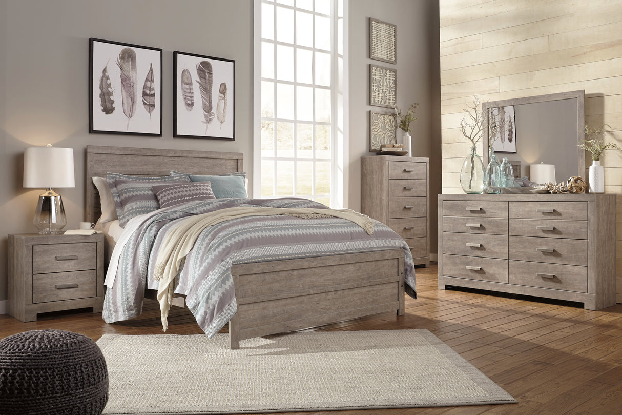 Culverbach Queen Panel Bed with Mirrored Dresser and Chest in Gray - PKG011524