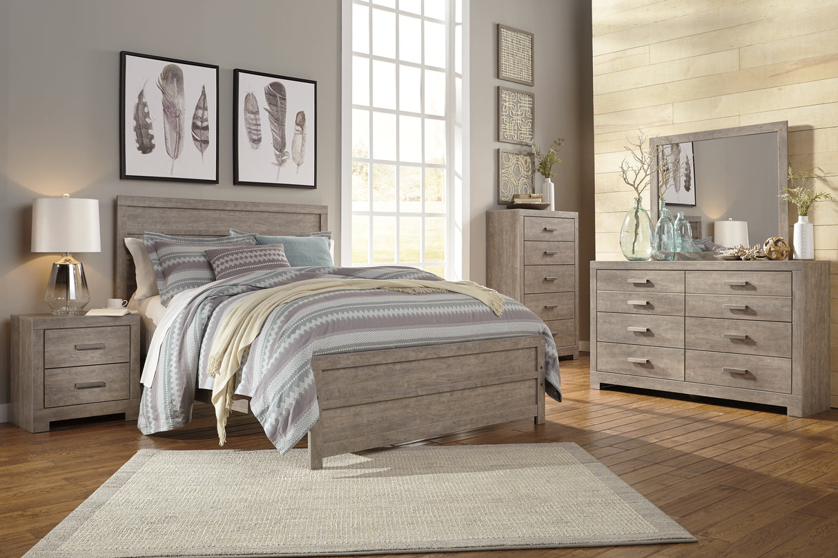 Culverbach Queen Panel Bed with Mirrored Dresser, Chest and 2 Nightstands in Gray - PKG011526