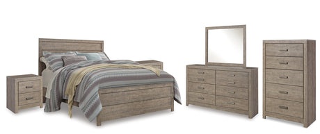 Culverbach Queen Panel Bed with Mirrored Dresser, Chest and 2 Nightstands in Gray - PKG011526