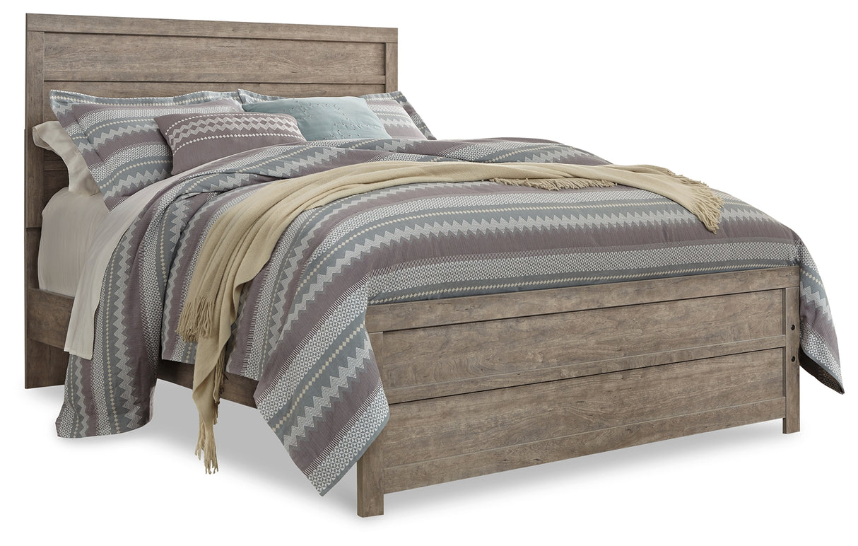 Culverbach Queen Panel Bed with Mirrored Dresser, Chest and 2 Nightstands in Gray - PKG011526