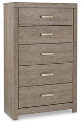 Culverbach Queen Panel Bed with Mirrored Dresser, Chest and 2 Nightstands in Gray - PKG011526