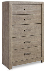 Culverbach Queen Panel Bed with Mirrored Dresser, Chest and 2 Nightstands in Gray - PKG011526