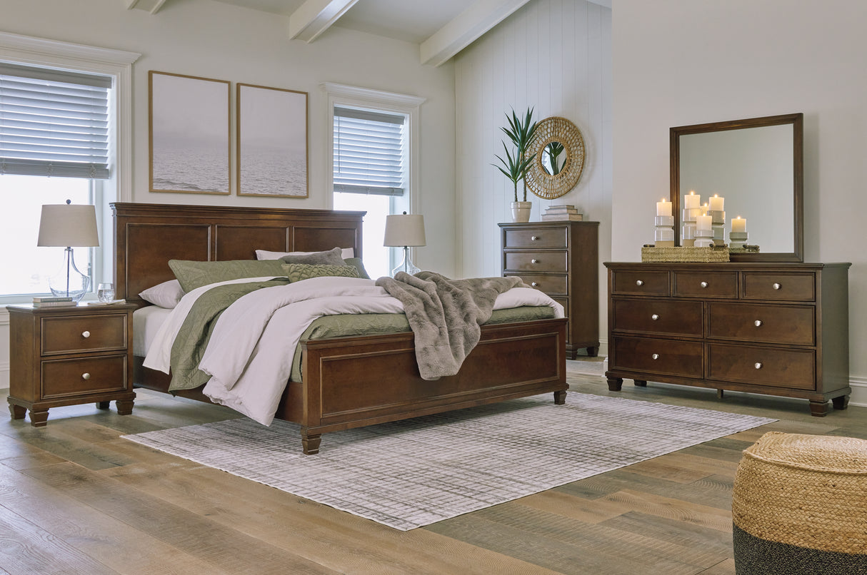 Danabrin California King Panel Bed with Mirrored Dresser and 2 Nightstands in Brown from Ashley - Luna Furniture