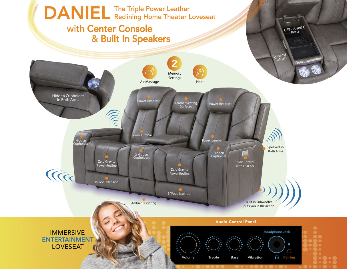 Daniel 3-Piece Triple Power Leather Reclining Home Theater Set from Steve Silver - Luna Furniture