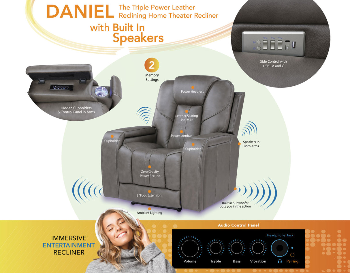 Daniel Triple Power Home Theater Leather Recliner with Built-in Speakers from Steve Silver - Luna Furniture