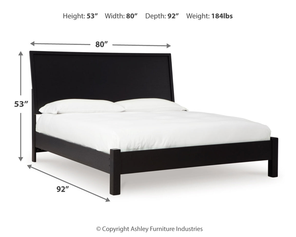 Danziar King Panel Bed with Mirrored Dresser and 2 Nightstands in Black - PKG015884