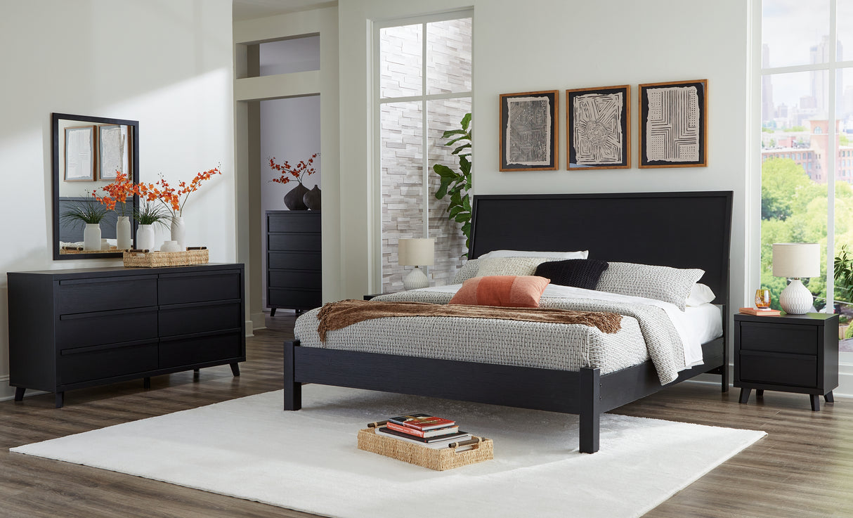 Danziar King Panel Bed with Mirrored Dresser and 2 Nightstands in Black - PKG015884