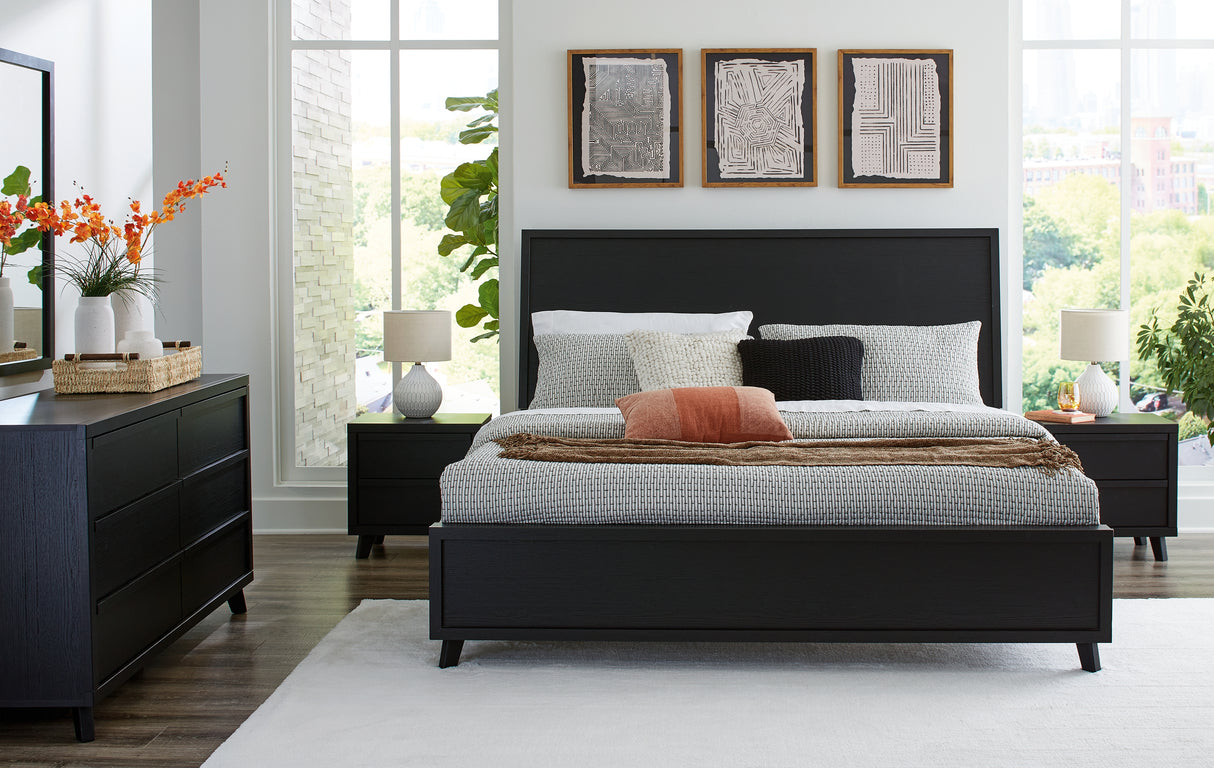 Danziar King Panel Bed with Mirrored Dresser and 2 Nightstands in Black from Ashley - Luna Furniture