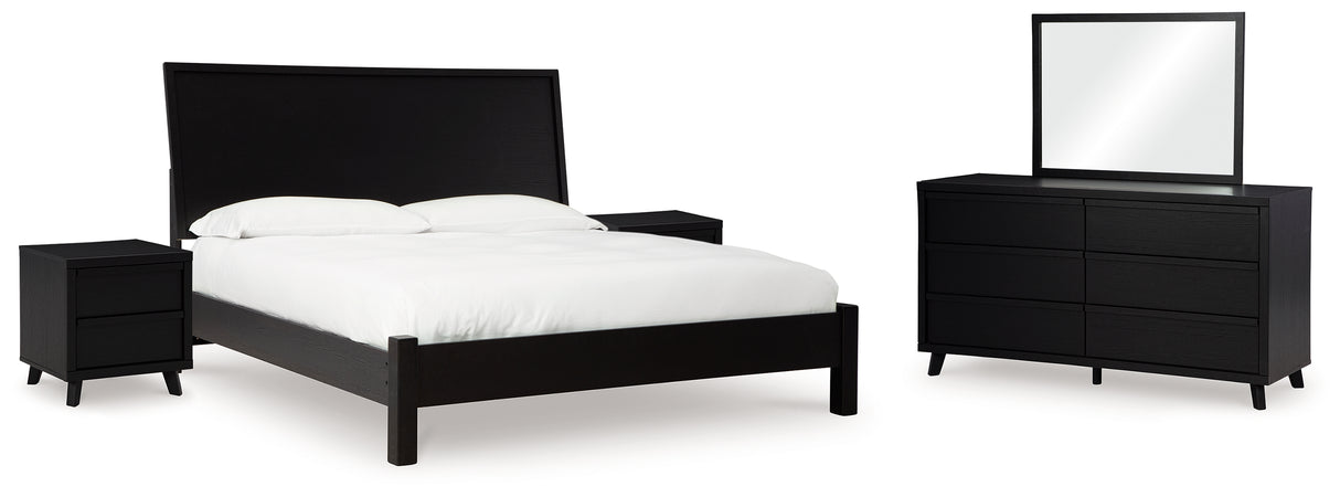 Danziar King Panel Bed with Mirrored Dresser and 2 Nightstands in Black from Ashley - Luna Furniture