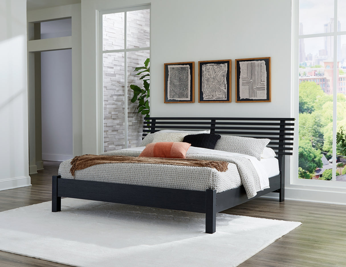 Danziar King Panel Bed with Mirrored Dresser and 2 Nightstands in Black from Ashley - Luna Furniture