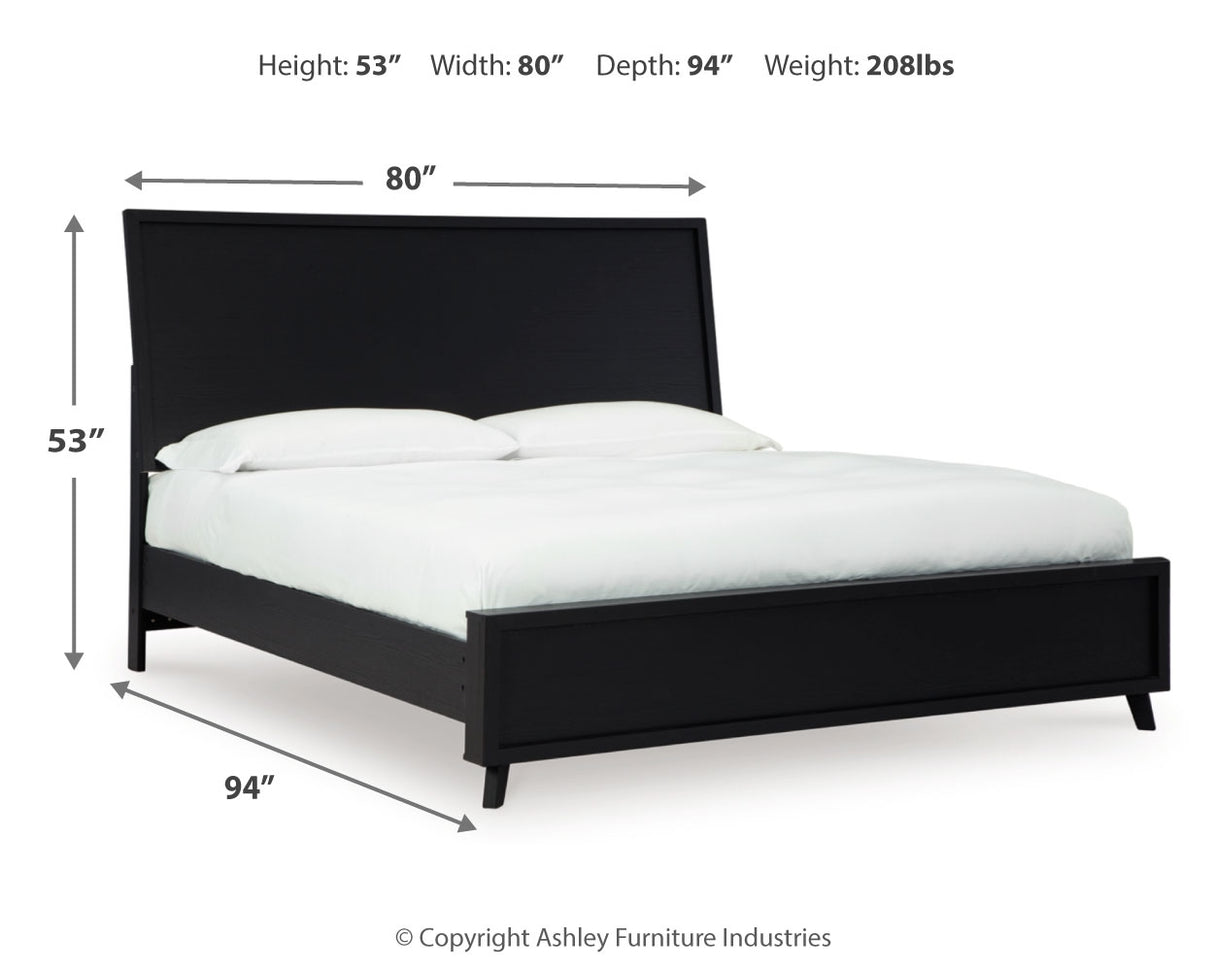 Danziar King Panel Bed with Mirrored Dresser and 2 Nightstands in Black - PKG015914