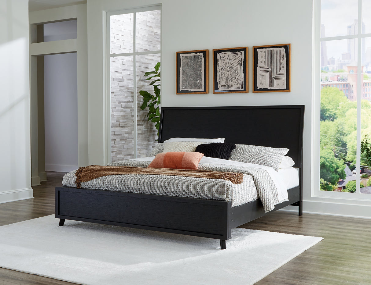 Danziar King Panel Bed with Mirrored Dresser and 2 Nightstands in Black - PKG015914