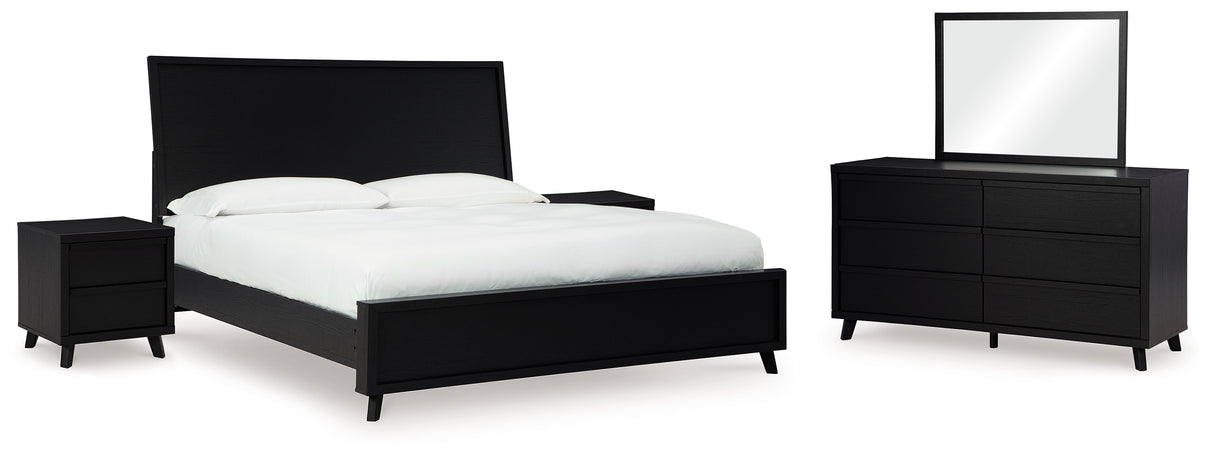 Danziar King Panel Bed with Mirrored Dresser and 2 Nightstands in Black - PKG015914