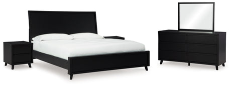 Danziar King Panel Bed with Mirrored Dresser and 2 Nightstands in Black from Ashley - Luna Furniture