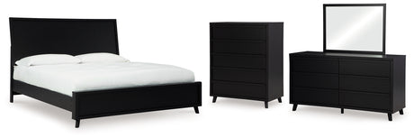 Danziar King Panel Bed with Mirrored Dresser and Chest in Black from Ashley - Luna Furniture