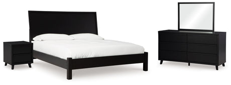 Danziar King Panel Bed with Mirrored Dresser and Nightstand in Black from Ashley - Luna Furniture