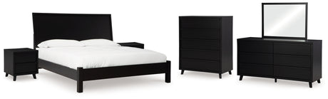 Danziar King Panel Bed with Mirrored Dresser, Chest and 2 Nightstands in Black - PKG015885