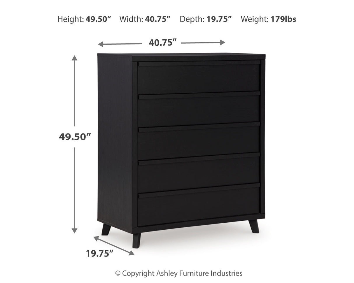 Danziar King Panel Bed with Mirrored Dresser, Chest and 2 Nightstands in Black - PKG015915