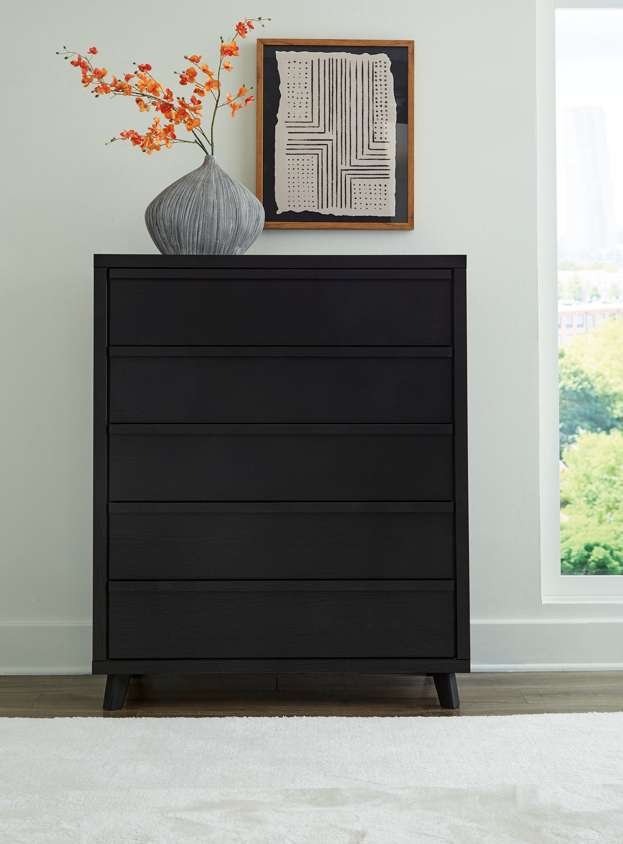 Danziar King Panel Bed with Mirrored Dresser, Chest and 2 Nightstands in Black from Ashley - Luna Furniture