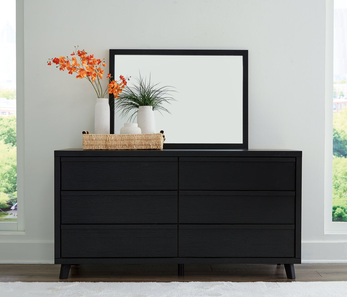 Danziar King Panel Bed with Mirrored Dresser, Chest and Nightstand in Black from Ashley - Luna Furniture