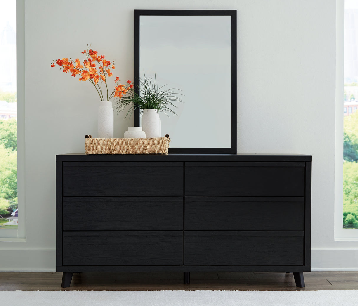 Danziar King Panel Bed with Mirrored Dresser in Black from Ashley - Luna Furniture