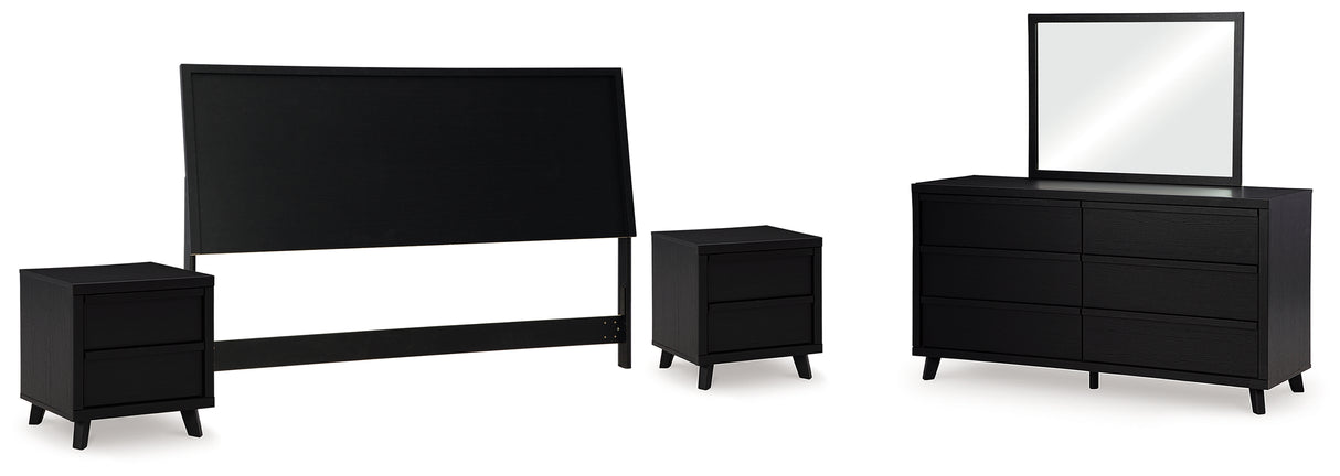 Danziar King Panel Headboard with Mirrored Dresser and 2 Nightstands in Black - PKG016022