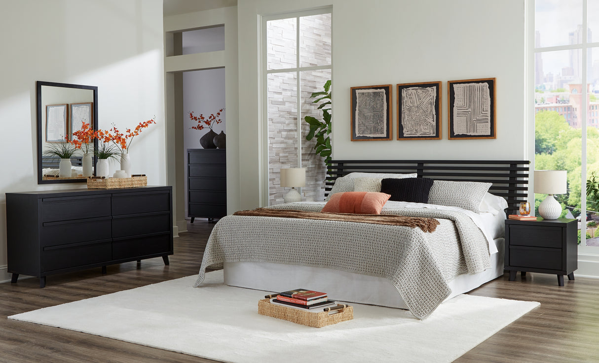 Danziar King Panel Headboard with Mirrored Dresser and Chest in Black from Ashley - Luna Furniture