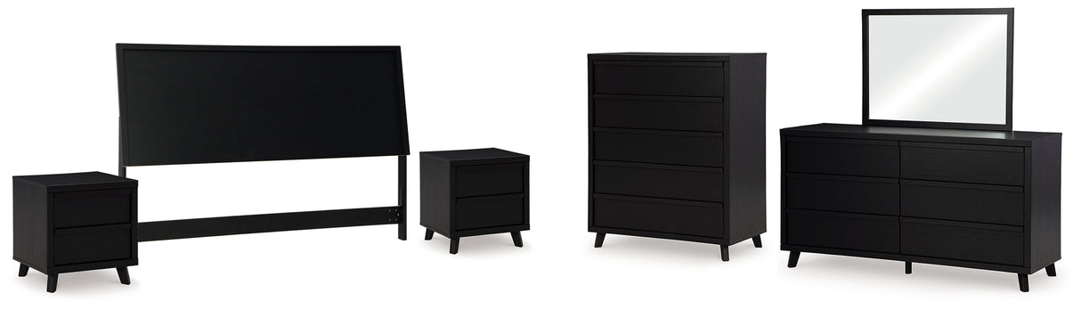 Danziar King Panel Headboard with Mirrored Dresser, Chest and 2 Nightstands in Black - PKG016023