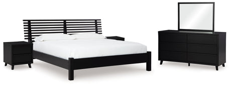 Danziar Queen Panel Bed with Mirrored Dresser and 2 Nightstands in Black from Ashley - Luna Furniture