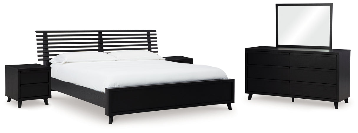 Danziar Queen Panel Bed with Mirrored Dresser and 2 Nightstands in Black from Ashley - Luna Furniture