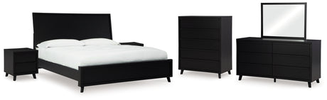 Danziar Queen Panel Bed with Mirrored Dresser, Chest and 2 Nightstands in Black - PKG015891