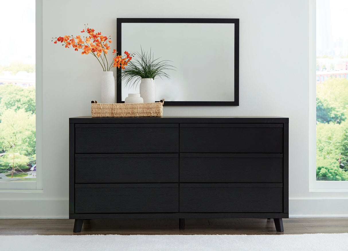 Danziar Queen Panel Bed with Mirrored Dresser, Chest and 2 Nightstands in Black from Ashley - Luna Furniture