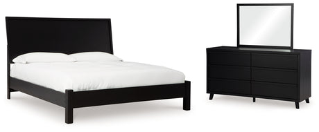 Danziar Queen Panel Bed with Mirrored Dresser in Black from Ashley - Luna Furniture