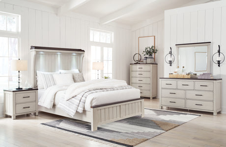 Darborn Queen Panel Bed with Mirrored Dresser, Chest and 2 Nightstands in Gray/Brown - PKG015970