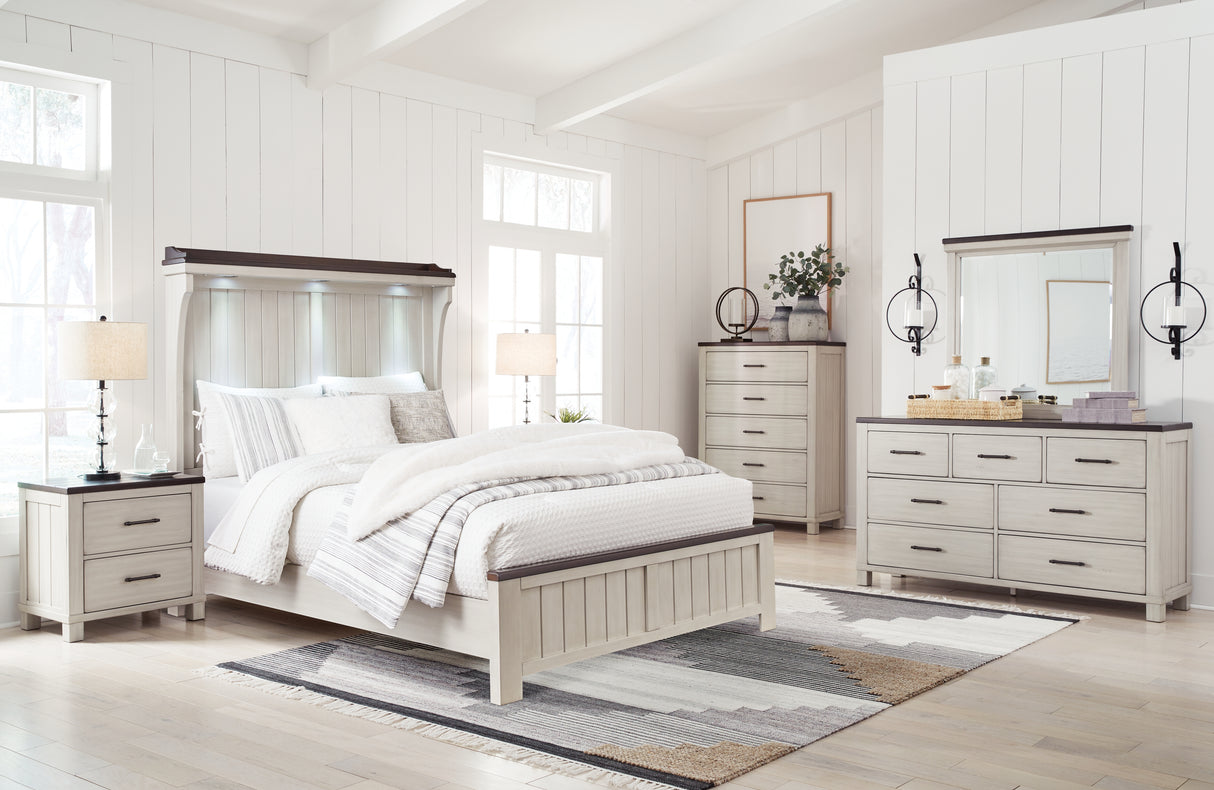 Darborn Queen Panel Bed with Mirrored Dresser, Chest and Nightstand in Gray/Brown - PKG015973