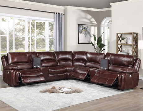 Denver Dual-Power 6-Piece Leather Sectional, Brown - SET | DN5691RRB | DN5691SCB | DN5691ARB | DN5691WB | DN5691ACB | DN5691LRB