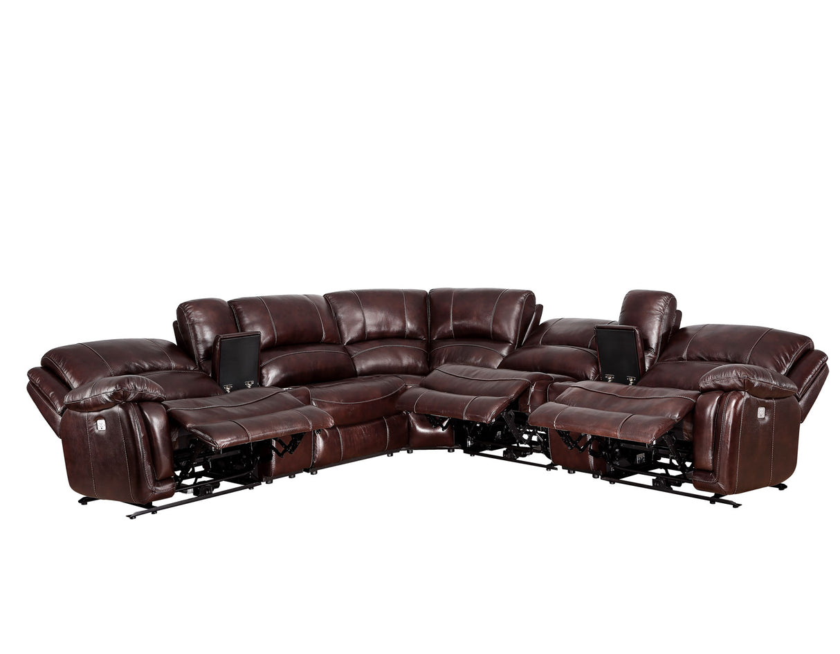 Denver Dual-Power 6-Piece Leather Sectional, Brown - SET | DN5691RRB | DN5691SCB | DN5691ARB | DN5691WB | DN5691ACB | DN5691LRB