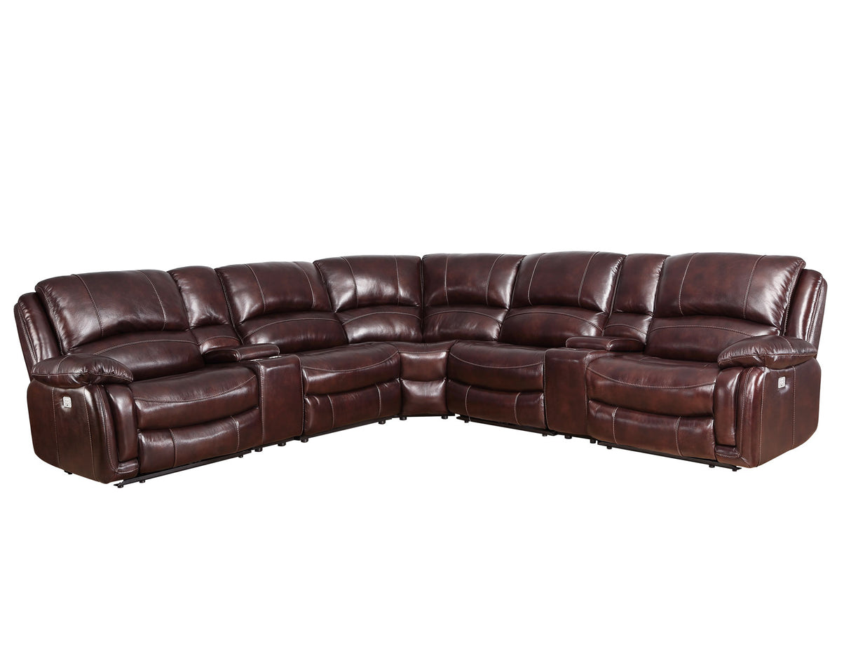 Denver Dual-Power 6-Piece Leather Sectional, Brown - SET | DN5691RRB | DN5691SCB | DN5691ARB | DN5691WB | DN5691ACB | DN5691LRB