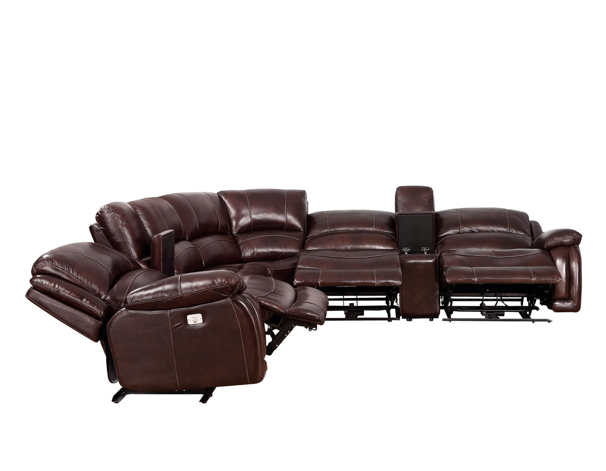 Denver Dual-Power 6-Piece Leather Sectional, Brown - SET | DN5691RRB | DN5691SCB | DN5691ARB | DN5691WB | DN5691ACB | DN5691LRB