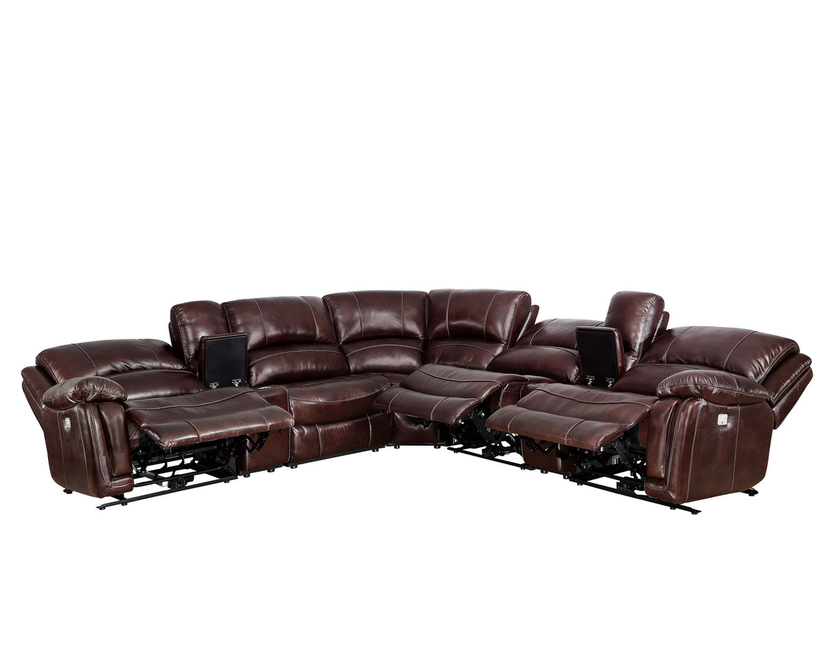 Denver Dual-Power 6-Piece Leather Sectional, Brown - SET | DN5691RRB | DN5691SCB | DN5691ARB | DN5691WB | DN5691ACB | DN5691LRB