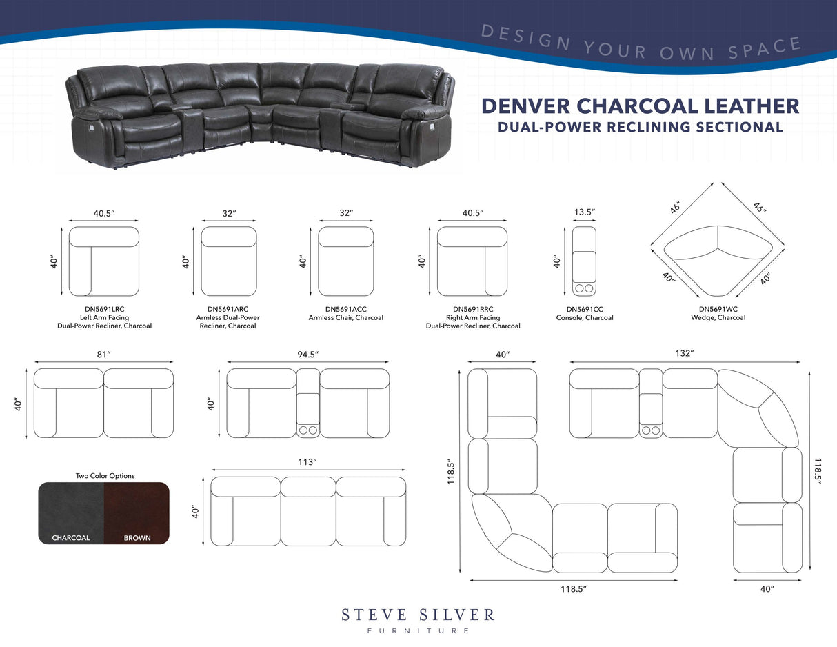 Denver Dual-Power 6-Piece Sectional, Charcoal - SET | DN5691ACC | DN5691ARC | DN5691LRC | DN5691WC | DN5691CC | DN5691RRC