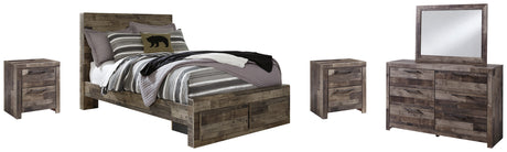 Derekson Full Panel Bed with 2 Storage Drawers with Mirrored Dresser and 2 Nightstands in Multi Gray from Ashley - Luna Furniture