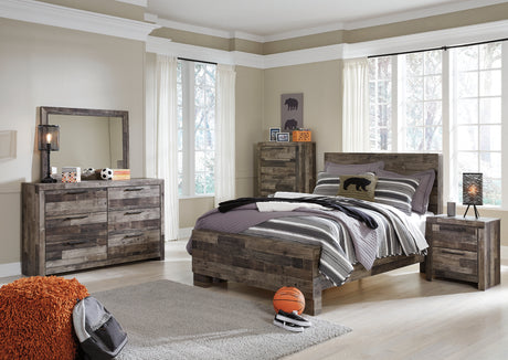 Derekson Full Panel Bed with Mirrored Dresser, Chest and Nightstand in Multi Gray - PKG003510